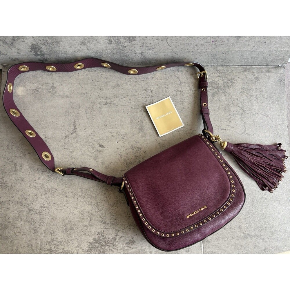 Michael Kors Brooklyn Medium Saddle Crossbody Leather Maroon/Burgandy - Picture 3 of 9